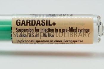 Gardasil cervical cancer vaccine syringe. This vaccine protects against human papillomavirus (HPV). HPV causes a number of cancers, including cervical and penile cancers, and genital warts. Vaccination is mainly aimed at teenage girls.